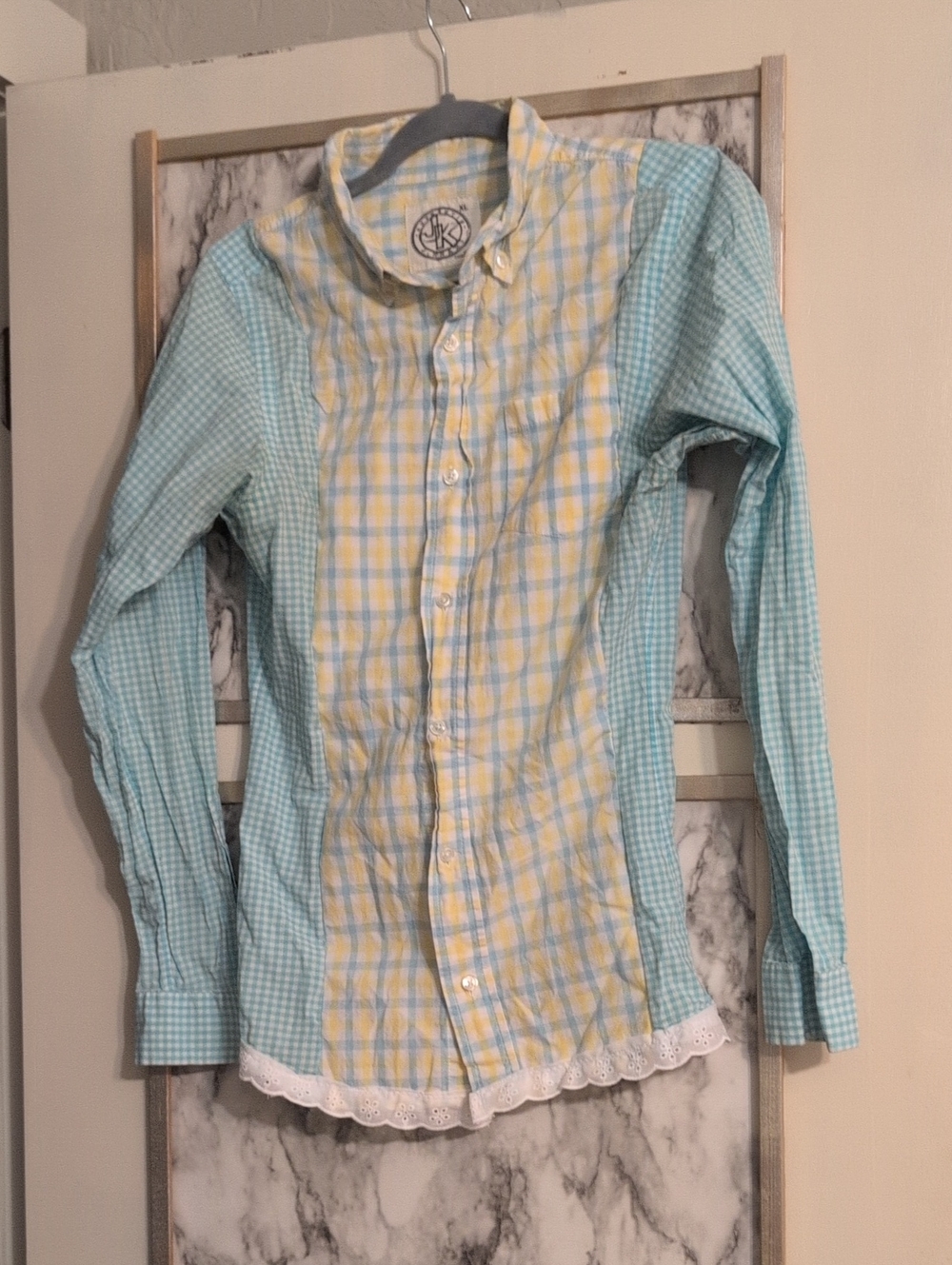Upcycle Button Up Mashup Featuring Multi Colors Of Blues And Yellows